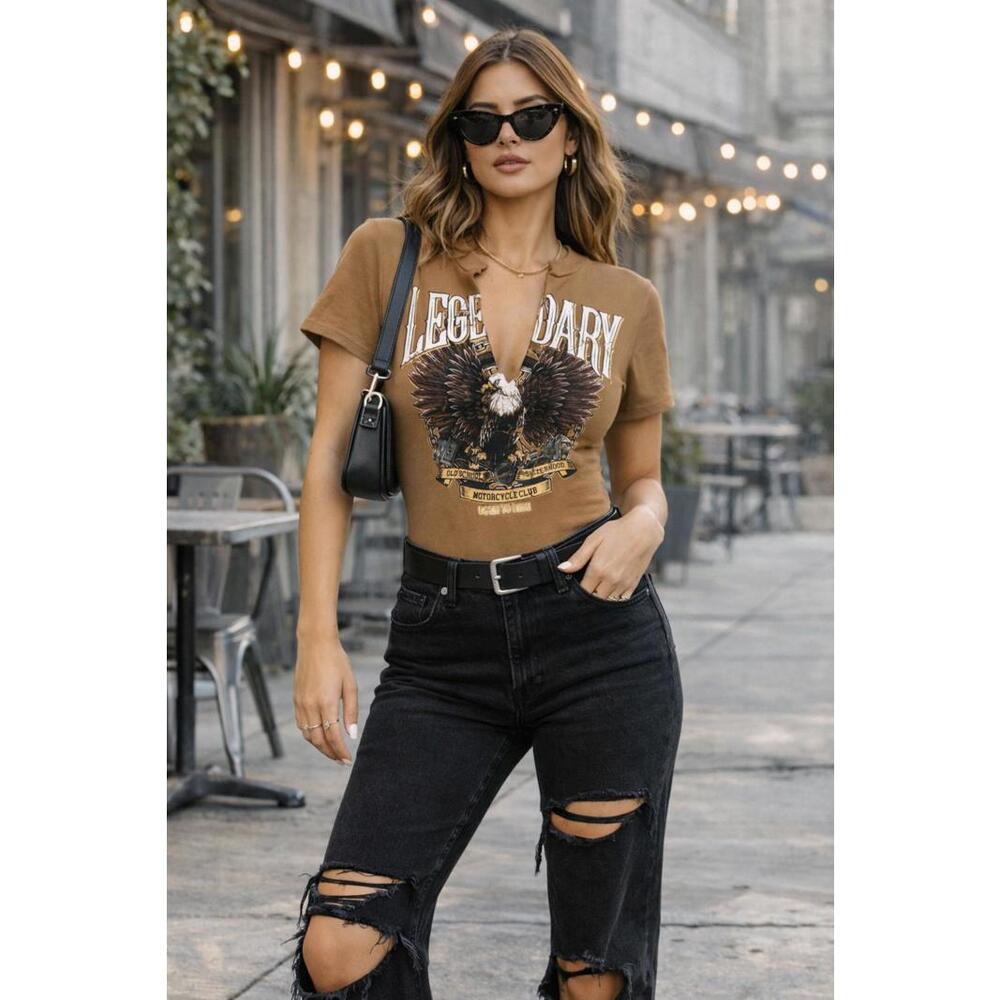 Legendary Eagle Graphic V-Neck Bodysuit Brown Viscose Blend Size M Trendy Cutout